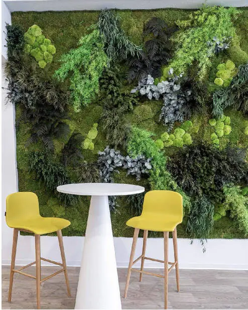 Jardín vertical de musgo y plantas preservadas junto a una mesa alta blanca y taburetes amarillos