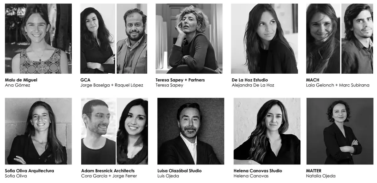 Retratos en blanco y negro de los ponentes de la jornada con el nombre de su estudio