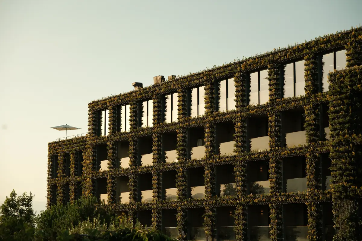 Edificio del hotel Tsinandali con la fachada cubierta de vegetación