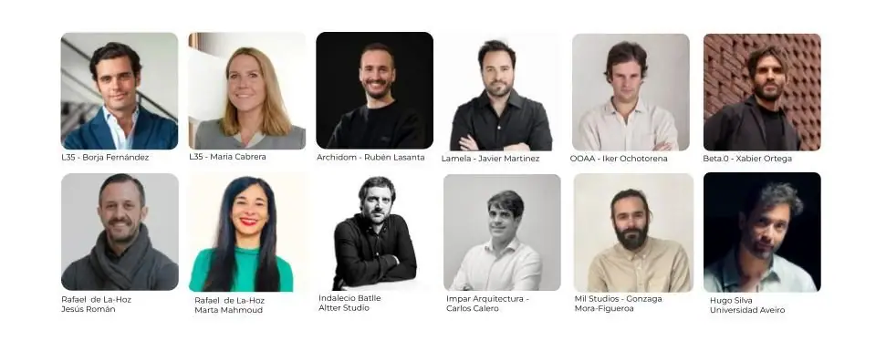 Retratos de los doce ponentes de la jornada con el nombre de su estudio