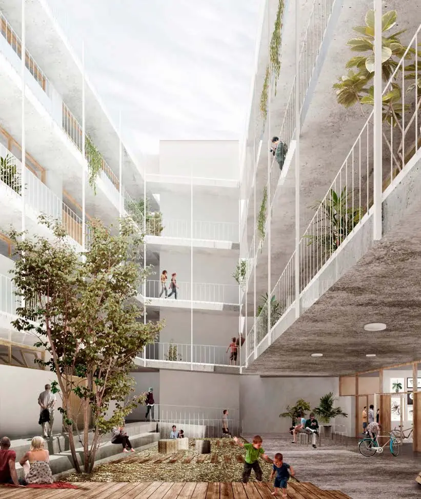 Imagen de proyecto de un patio comunitario con vegetación y galerías de acceso a las viviendas