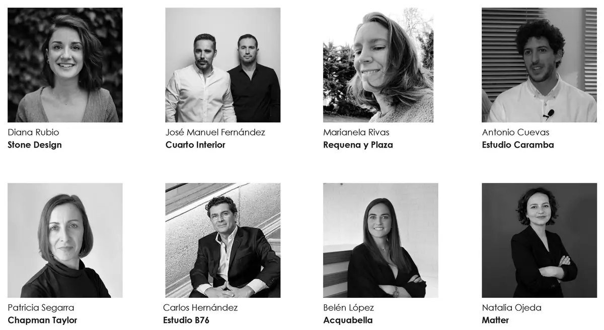 Retratos en blanco y negro de los ponentes con el nombre de su estudio