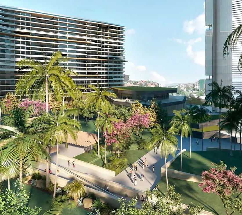 Infografía de un complejo de torres con un jardín tropical y recorridos peatonales en primer plano
