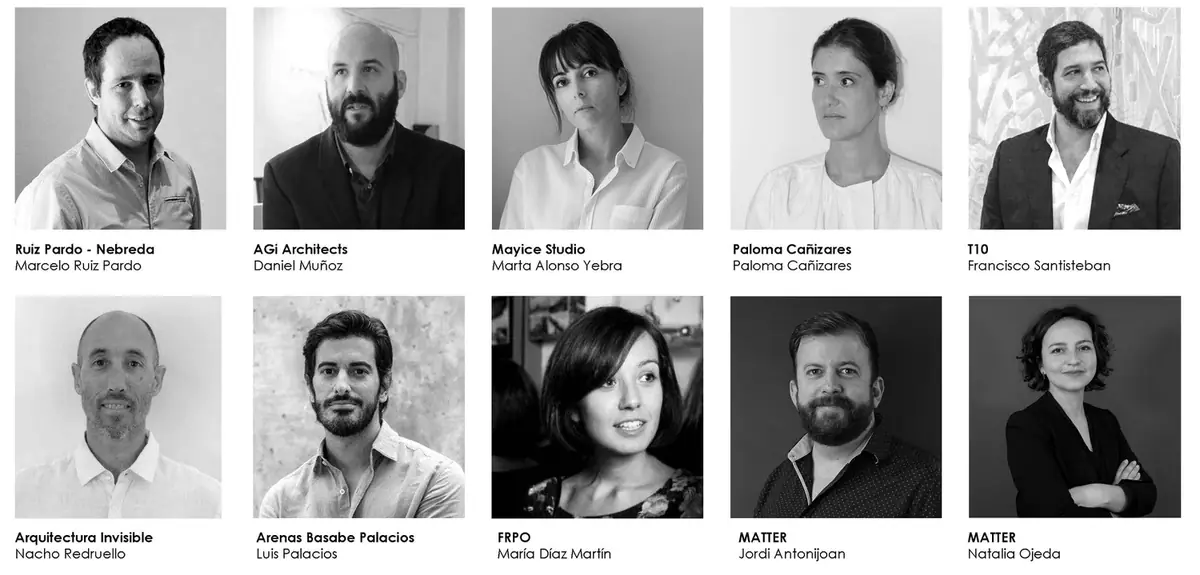 Retratos en blanco y negro de los ocho ponentes y de los dos representantes de Matter, con el nombre de su estudio
