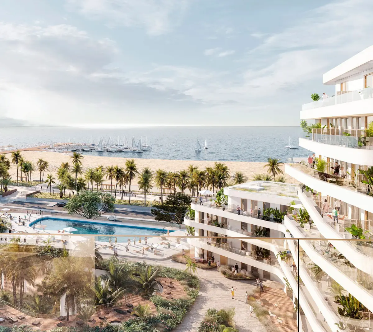 Render de edificios residenciales escalonados con terrazas, jardines y piscina frente a una playa con palmeras