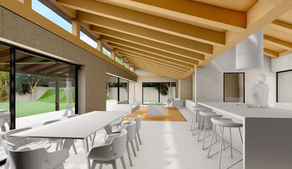 Render de un salón-comedor bajo una cubierta inclinada de vigas de madera, abierto a un jardín