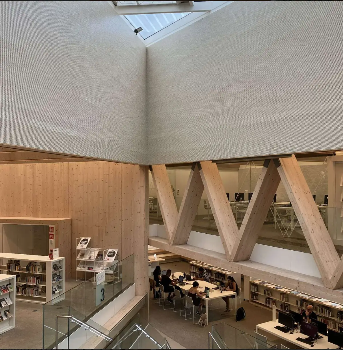 Interior de una biblioteca con estructura de madera en forma de uve y paramentos superiores revestidos de lamas acústicas claras