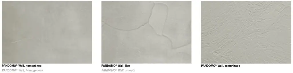 Tres muestras grises de Pandomo Wall con acabado homogéneo, liso y texturizado