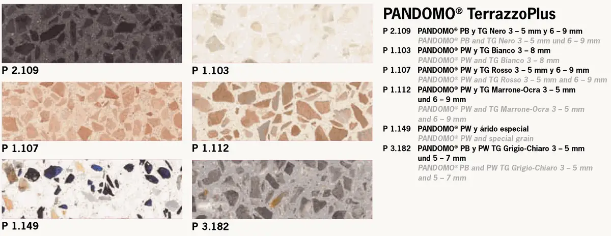Carta de seis acabados de Pandomo TerrazzoPlus con árido grueso de varios colores