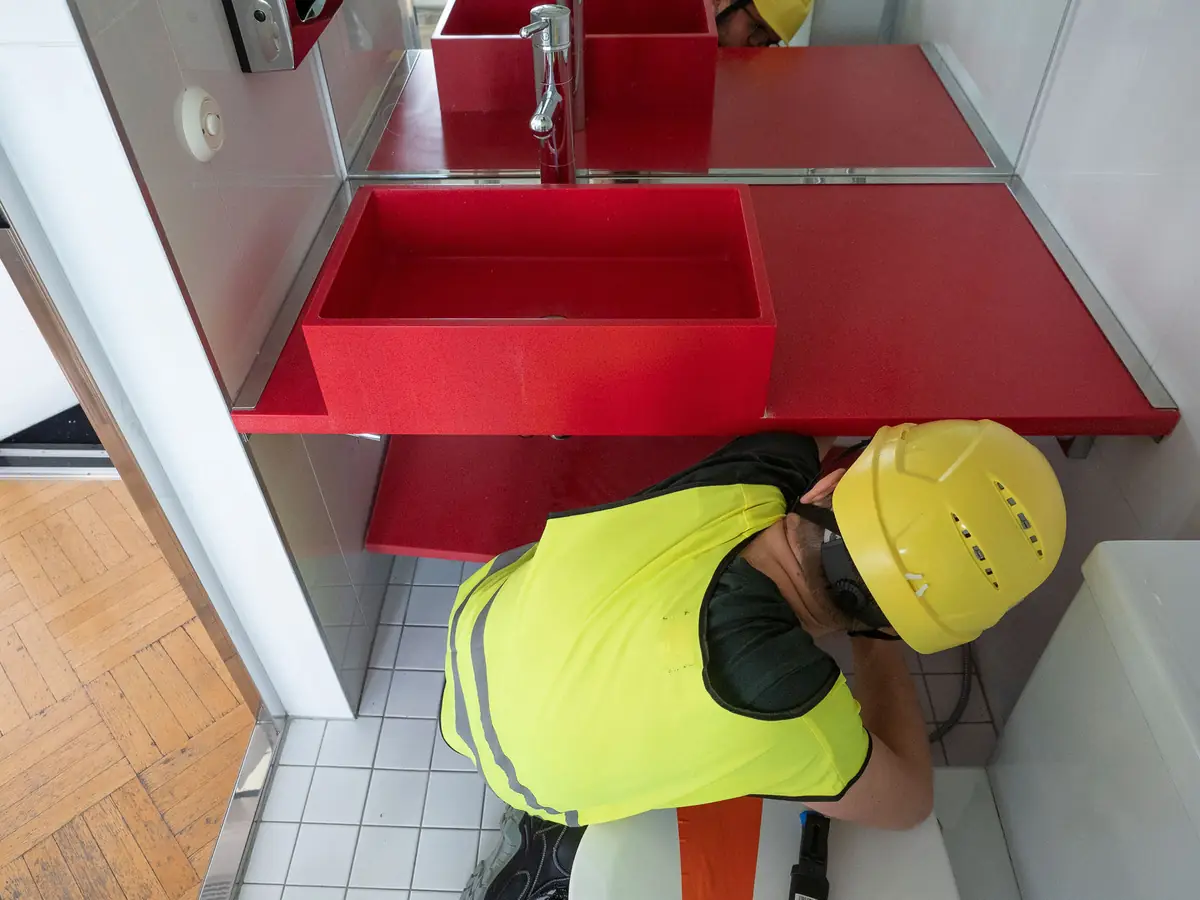 Operario con casco desmontando un mueble de baño rojo de superficie sólida con lavabo integrado