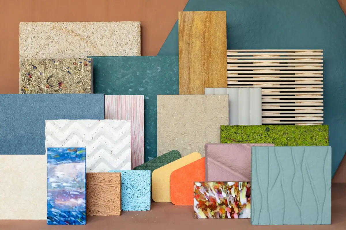 Collage de muestras de materiales de colores y texturas diversas: fibras, aglomerados, plásticos reciclados y paneles