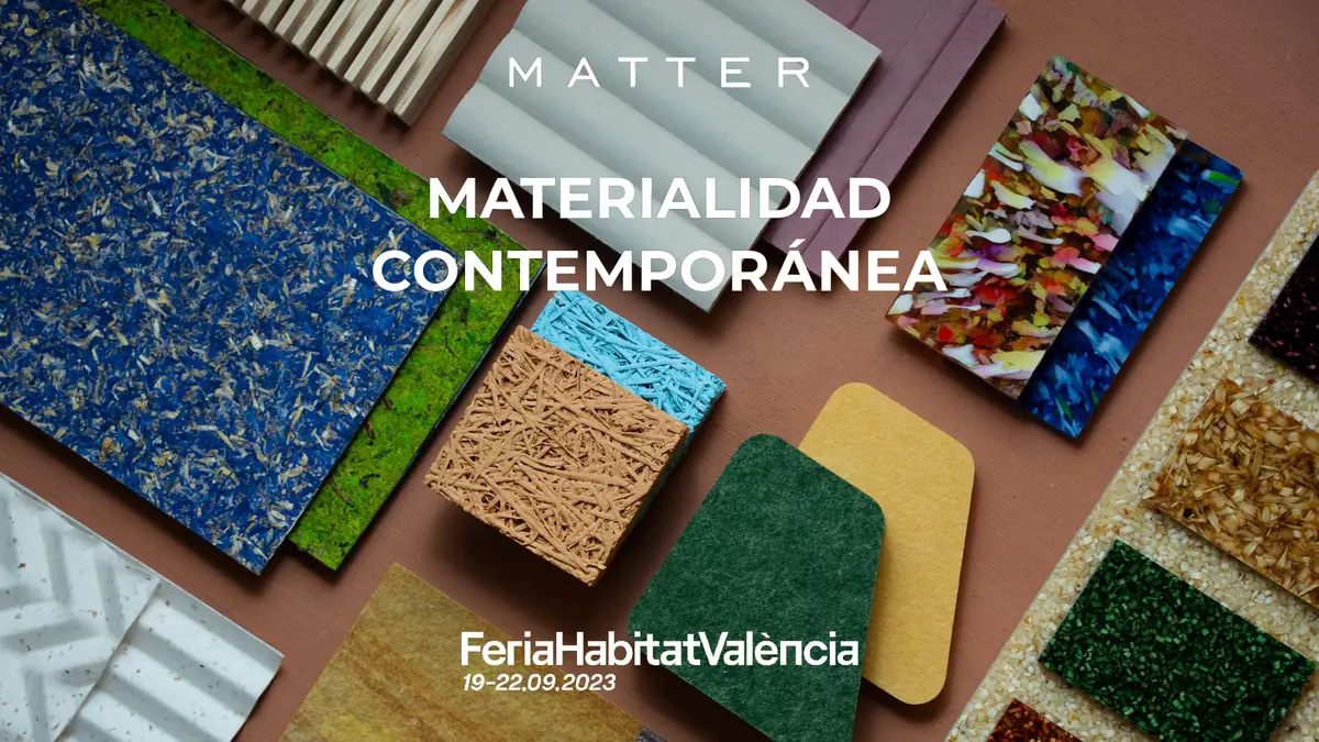 Cartel de la exposición Materialidad Contemporánea de Matter en Feria Hábitat València, sobre muestras de materiales