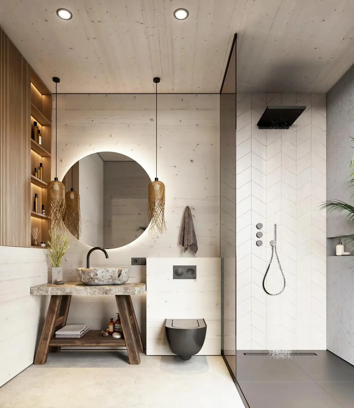 Baño con paredes de madera clara, espejo redondo retroiluminado, lavabo de piedra y mecanismos negros junto al inodoro