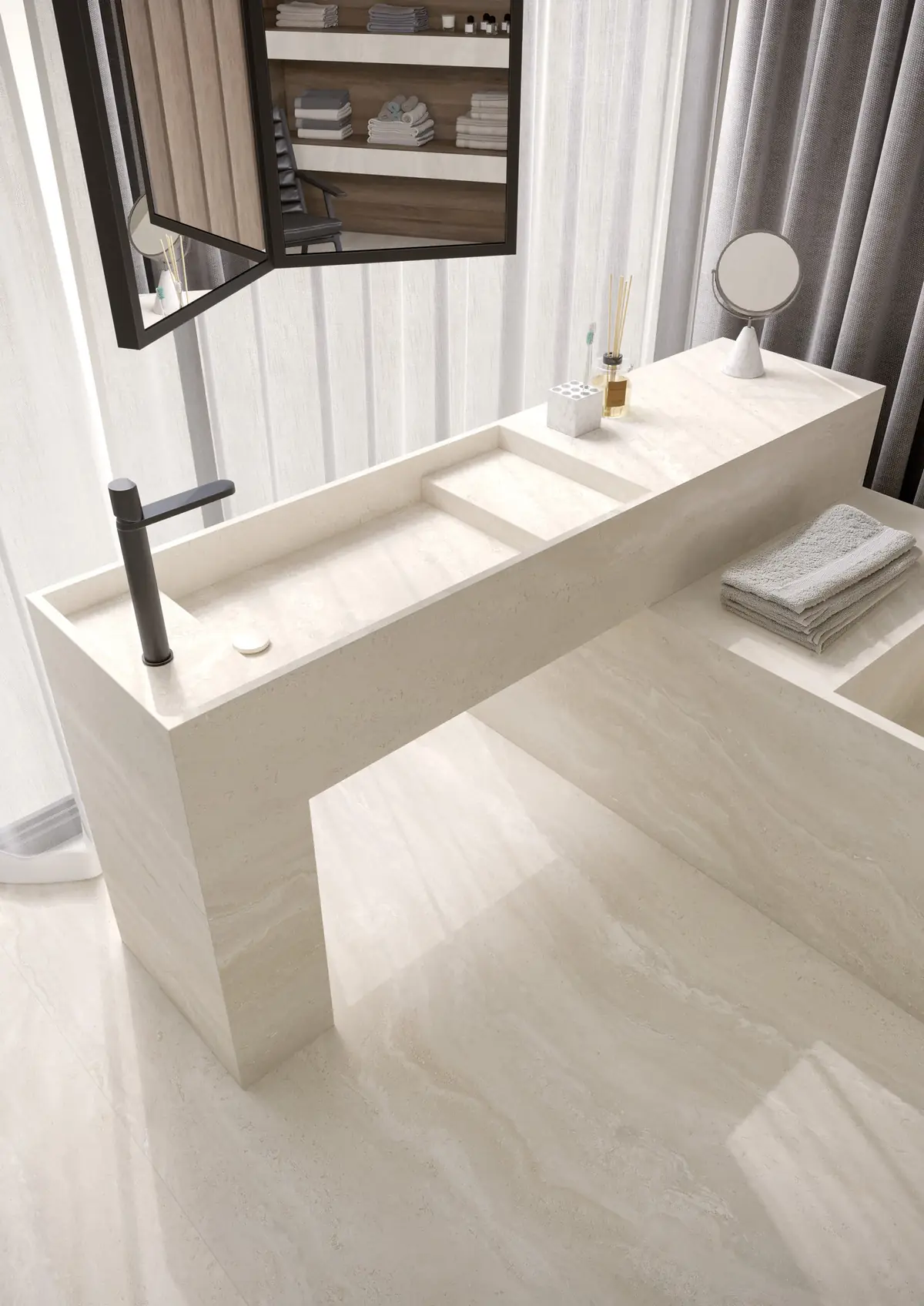 Baño con lavabo y suelo de porcelánico efecto travertino Pearl Travertine