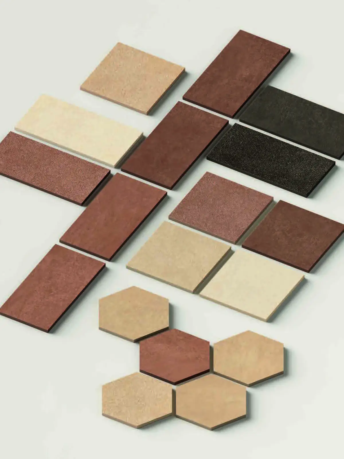 Piezas cuadradas, rectangulares y hexagonales de porcelánico en tonos crema, ladrillo y carbón