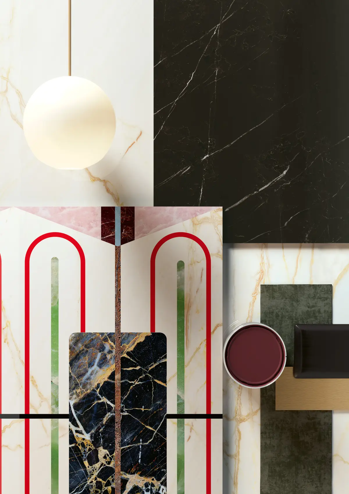 Composición de materiales con placas de mármol blanco y negro, una placa decorada con óvalos rojos, una lámpara de globo, terciopelo verde y un bote de pintura granate.