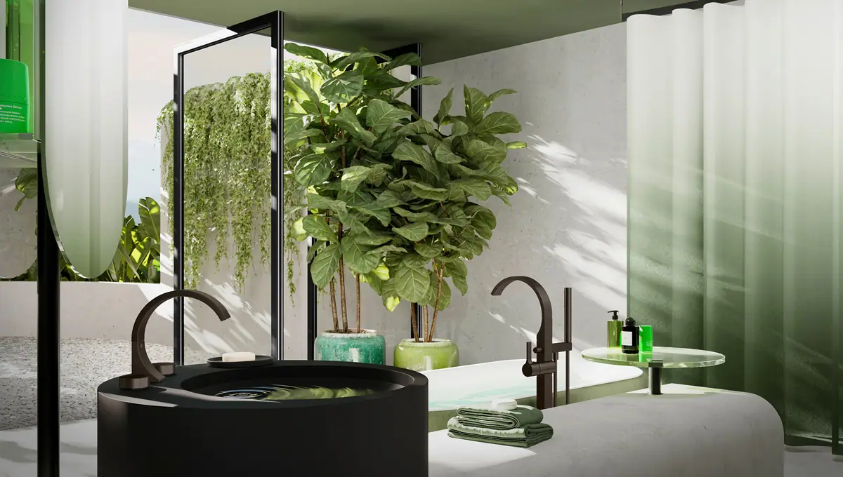 Baño con lavabo redondo negro, bañera exenta y plantas, con grifería CYO en tono metálico oscuro