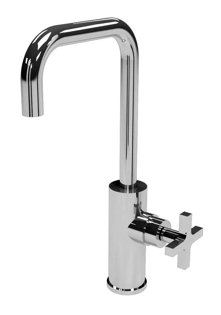 Grifo de lavabo cromado de un solo mando en forma de cruz y caño alto de codos rectos