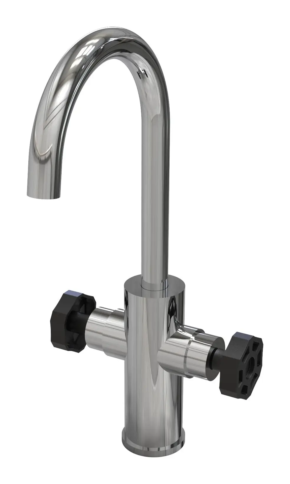Grifo de lavabo cromado con dos volantes negros octogonales y caño en arco con salida vertical