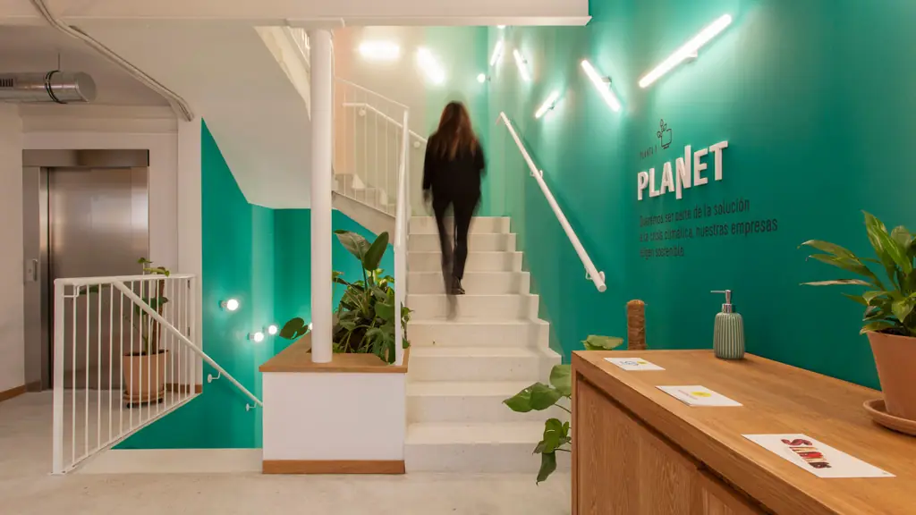 Escalera de Triple con pared verde, rótulo Planet, plantas en jardineras y mostrador de madera