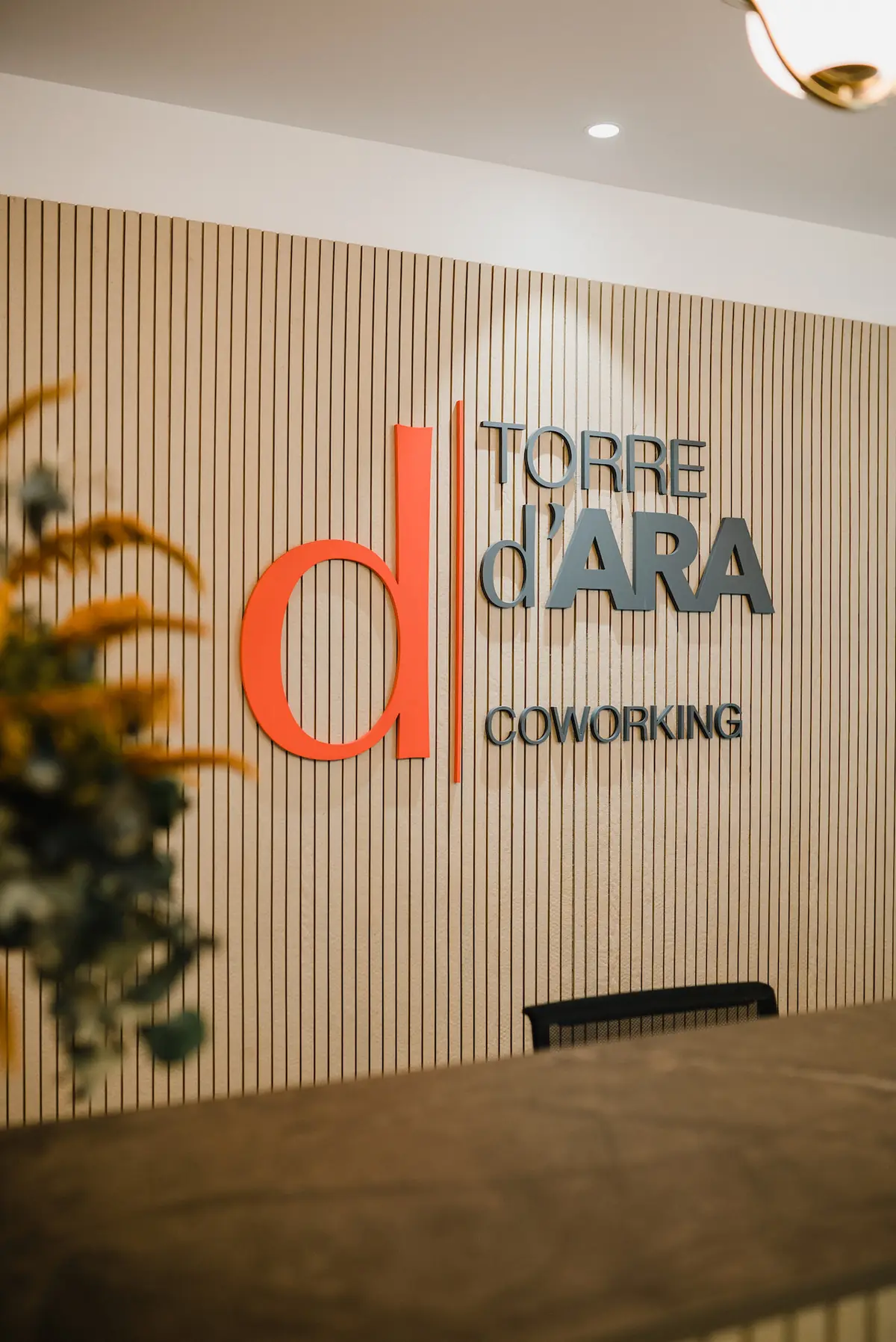 Mostrador de recepción ante una pared de listones de tono beige con el rótulo de Torre d’Ara Coworking.