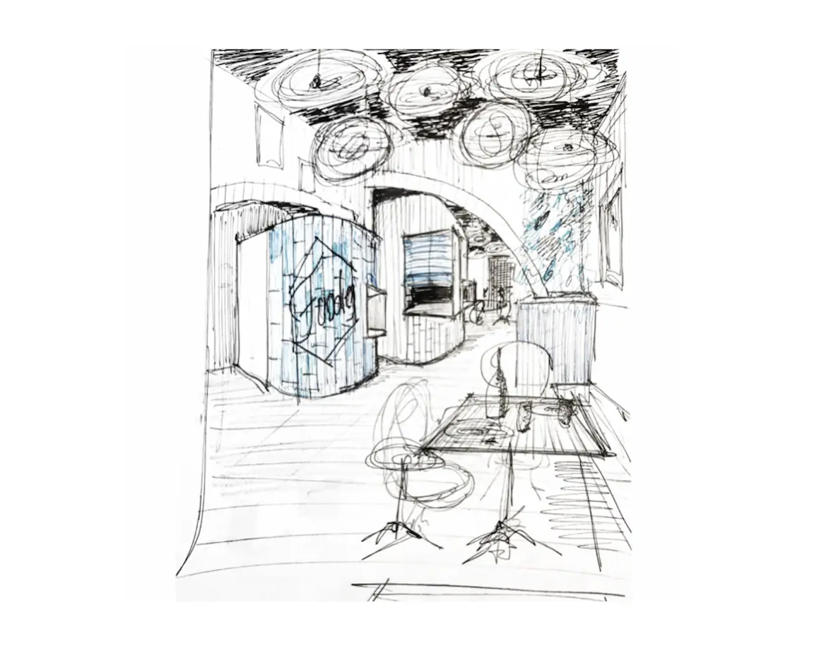 Croquis a mano alzada del comedor de Blau by Foodies con el volumen curvo, el arco y las lámparas