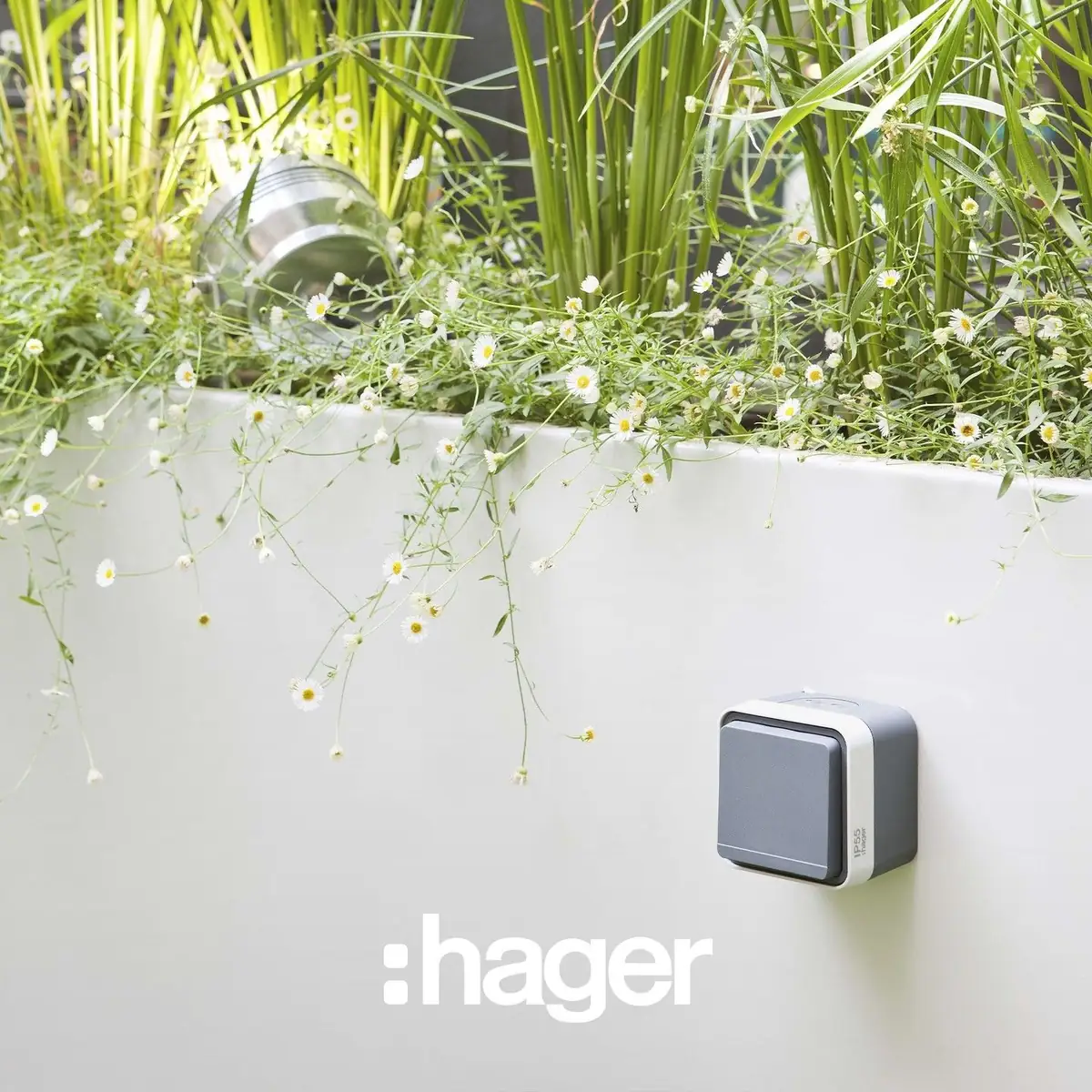 Interruptor estanco gris cubyko IP55 en la pared blanca de una jardinera con flores