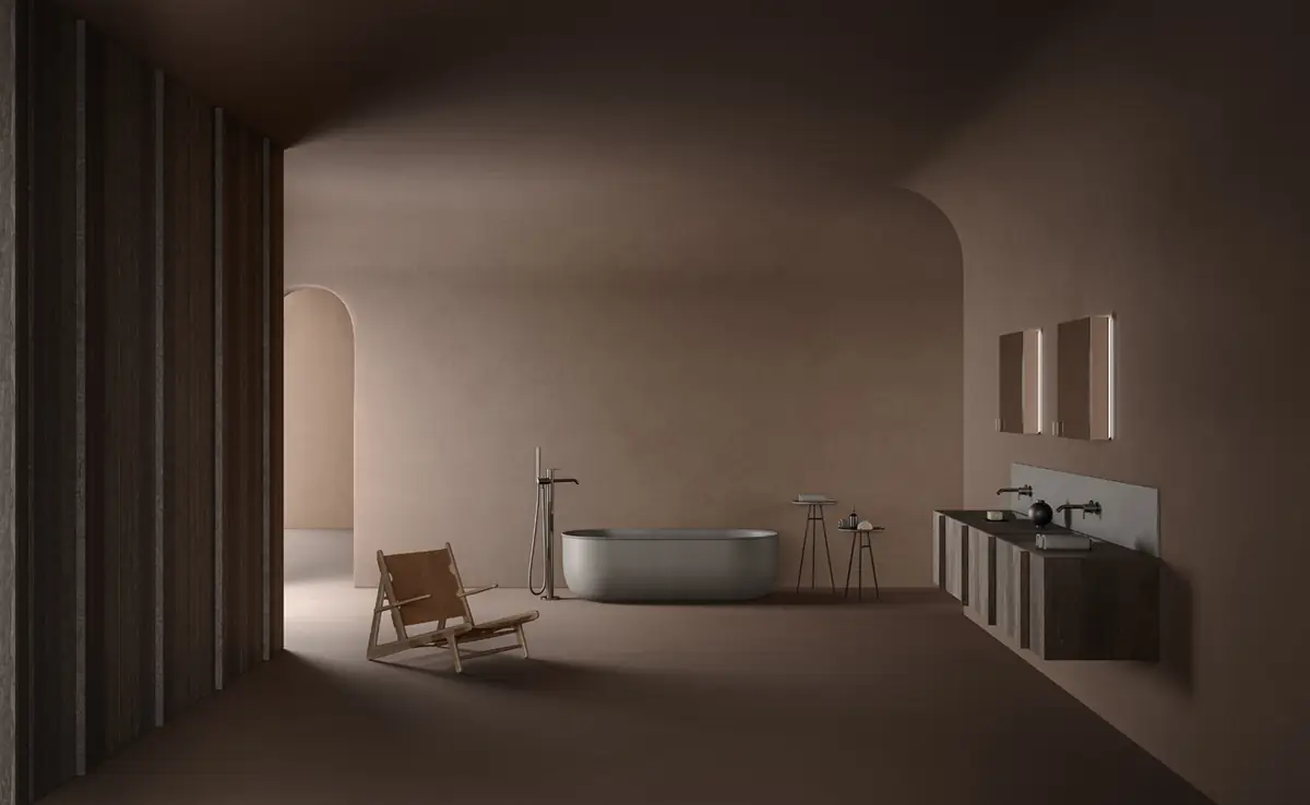 Baño amplio con una composición Paral suspendida en madera, encimera oscura y dos espejos retroiluminados; al fondo, una bañera exenta.