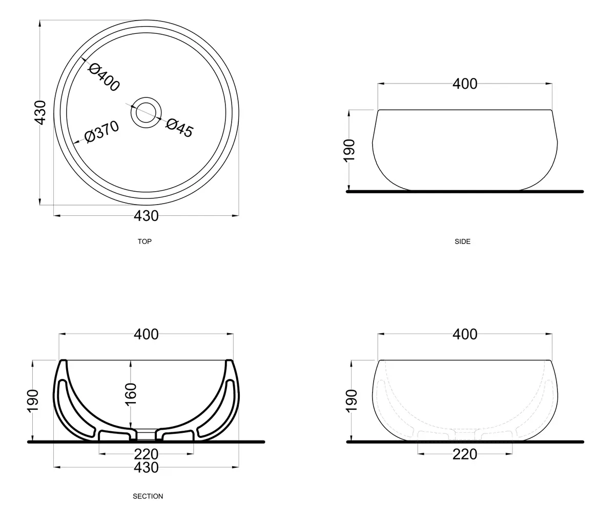 Dibujo técnico de un lavabo de apoyo redondo en planta, alzado y sección, con cotas de 430, 400, 190, 160 y 220 milímetros