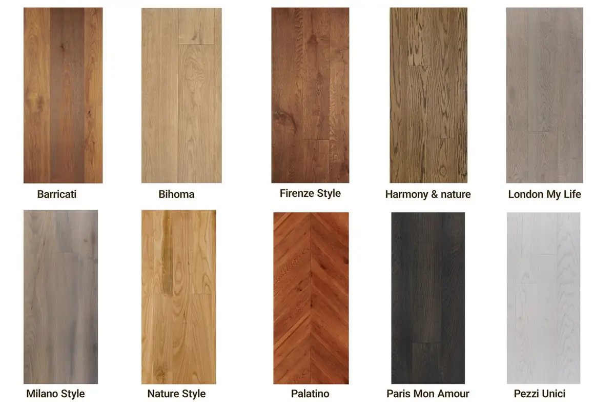 Diez muestras de pavimento de Mardegan Legno con el nombre de su colección.