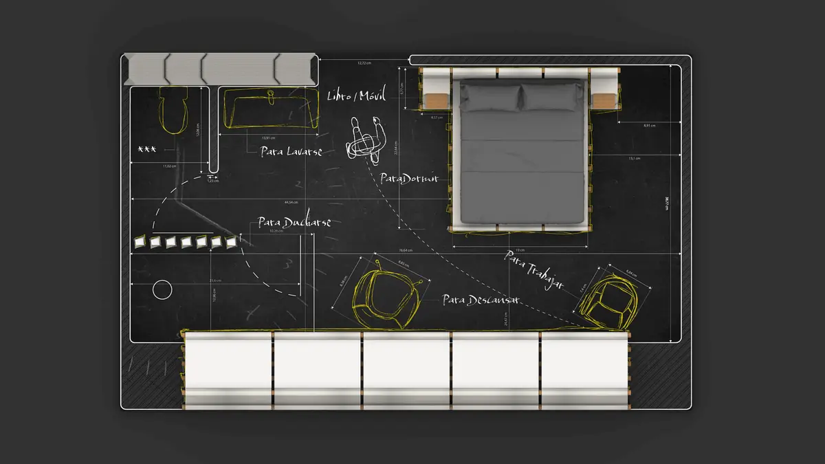 Planta de la habitación del Materials Lab con la cama, el baño y las zonas para dormir, lavarse, ducharse, descansar y trabajar.