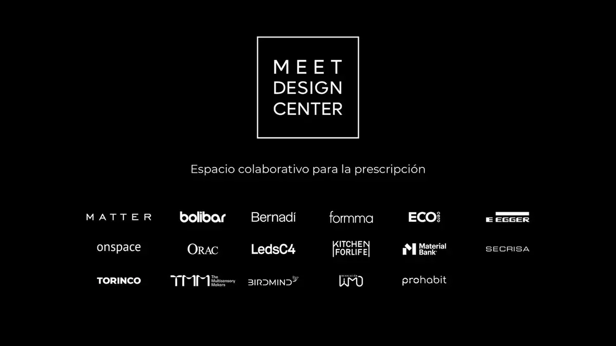 Panel con el logotipo del Meet Design Center y los logotipos de sus marcas