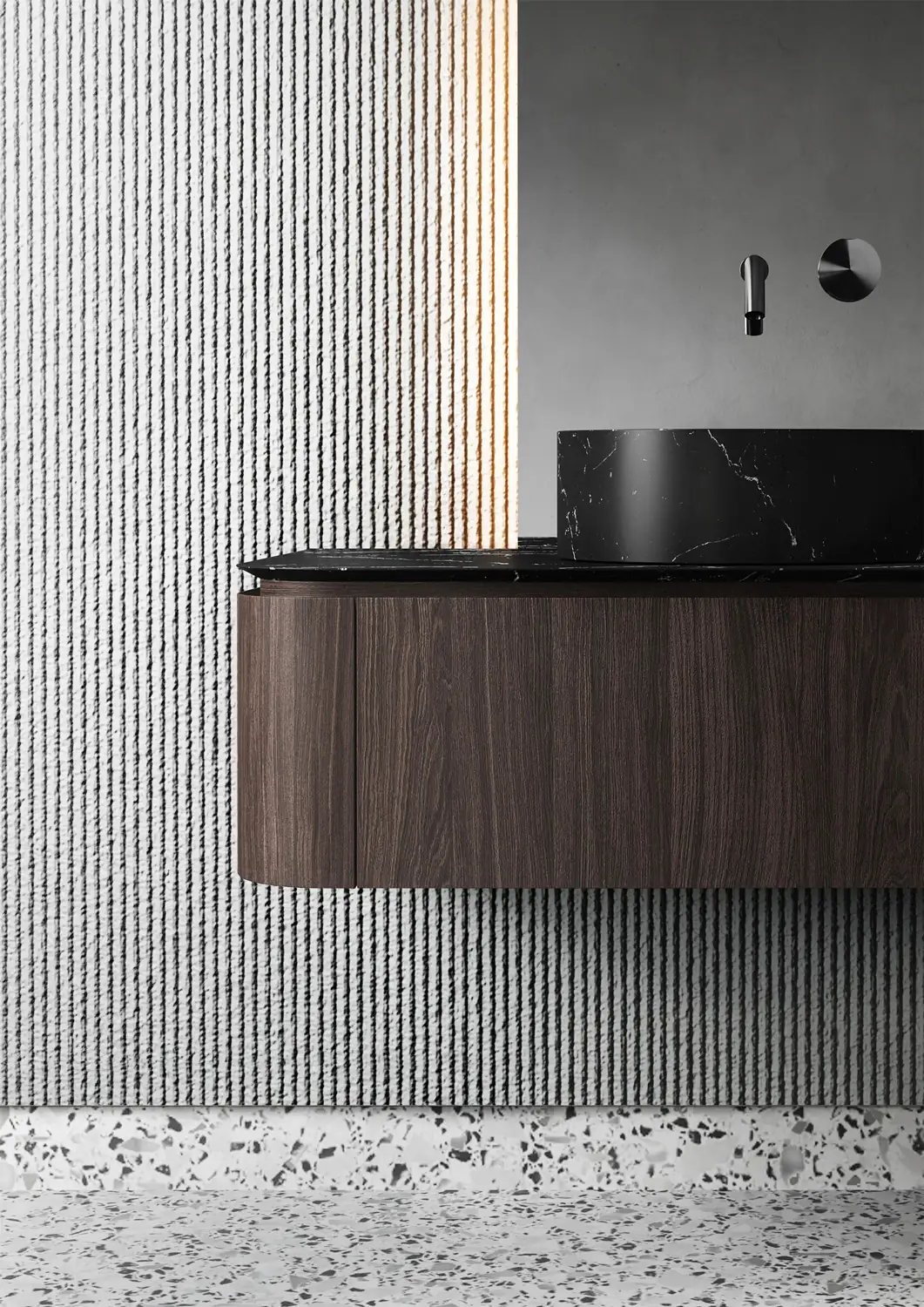 Mueble suspendido de madera oscura con laterales curvos y lavabo de mármol negro veteado ante una pared texturizada