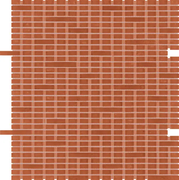 Lámina de mosaico Mist Paprika, en rojo anaranjado, con teselas rectangulares de tres longitudes y juntas claras.