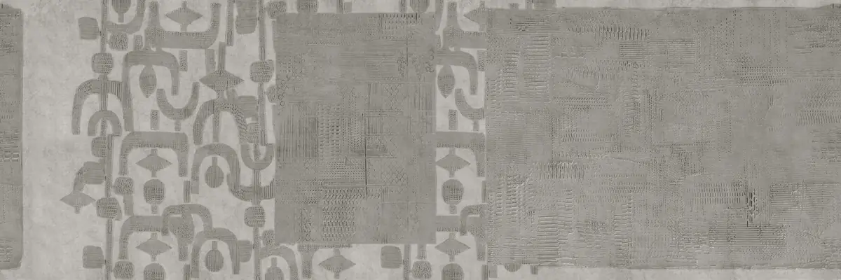 Diseño de papel pintado en grises con figuras geométricas en relieve y paneles de textura de enlucido