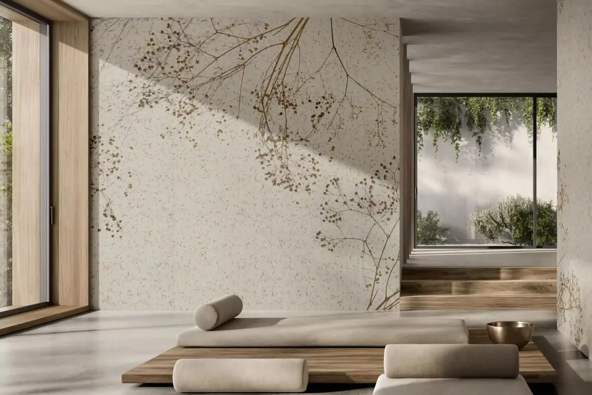 Sala abierta al jardín con una pared revestida de ramas y flores silvestres finas sobre fondo de textura mineral
