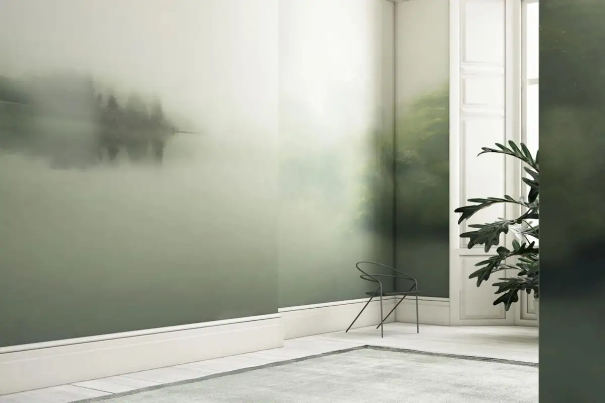 Estancia con ventanales y una pared que muestra un lago entre la niebla en tonos verdes