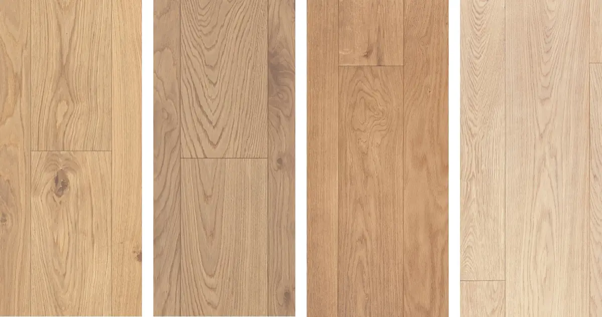 Cuatro muestras verticales de pavimento de madera en tonos claros, del miel al blanquecino.