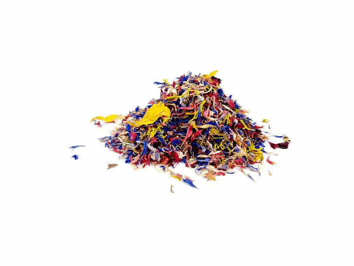 Montón de pétalos secos de colores azul, rojo y amarillo sobre fondo blanco