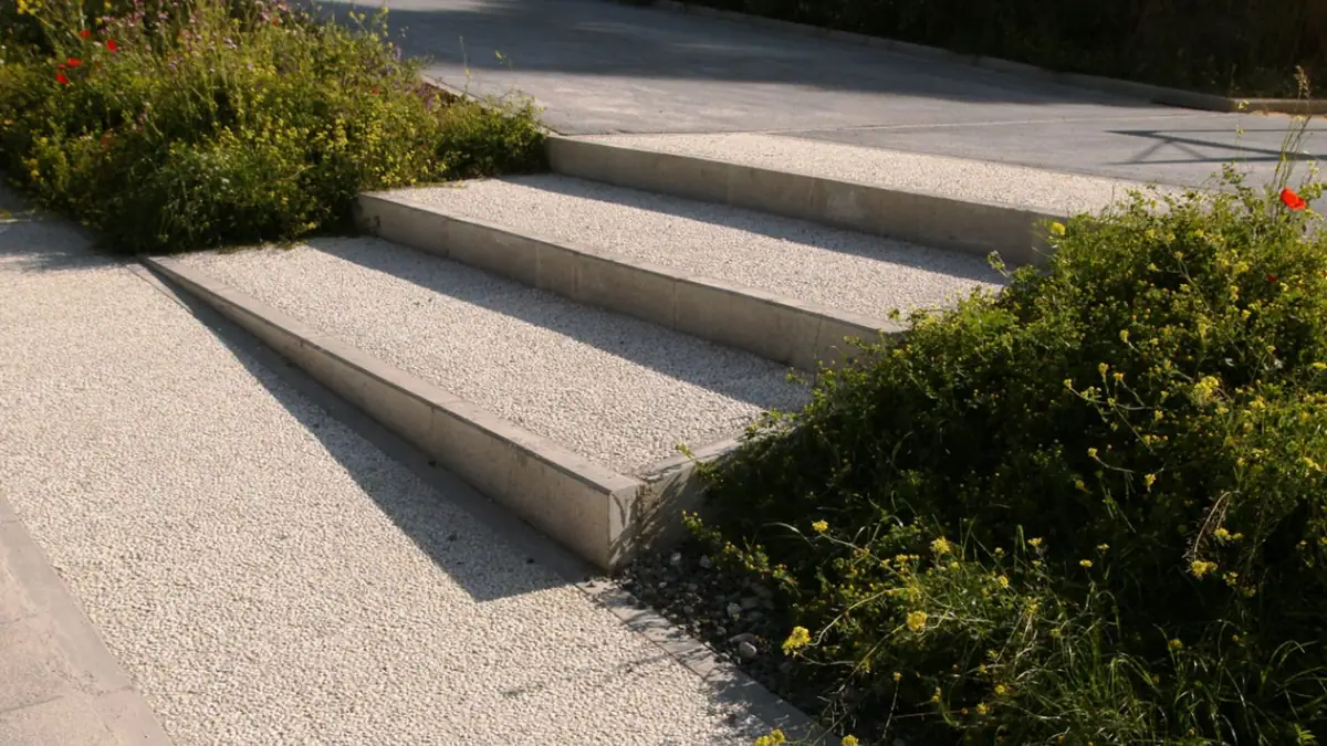 Escalinata exterior de hormigón con árido visto claro, rodeada de vegetación con flores amarillas