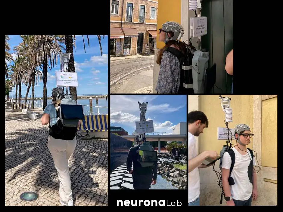 Participantes con sensores en la cabeza y mochilas con estaciones de medición caminando por calles de Lisboa