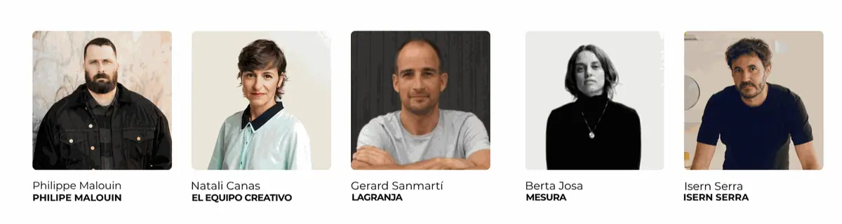 Retratos de Philippe Malouin, Natali Canas, Gerard Sanmartí, Berta Josa e Isern Serra con el nombre de su estudio