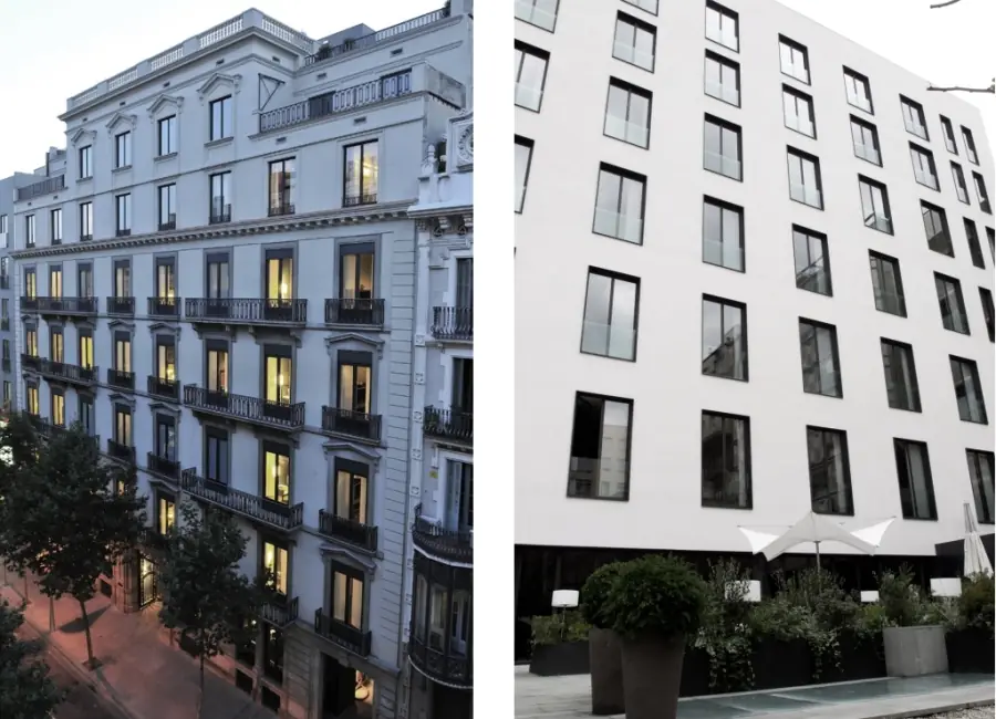 Montaje de las dos fachadas del hotel: la clásica del Eixample a la calle y la contemporánea, blanca, al jardín