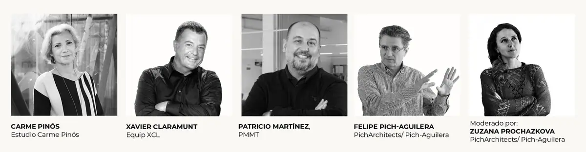 Retratos en blanco y negro de los cuatro ponentes y de la moderadora, con el nombre de su estudio