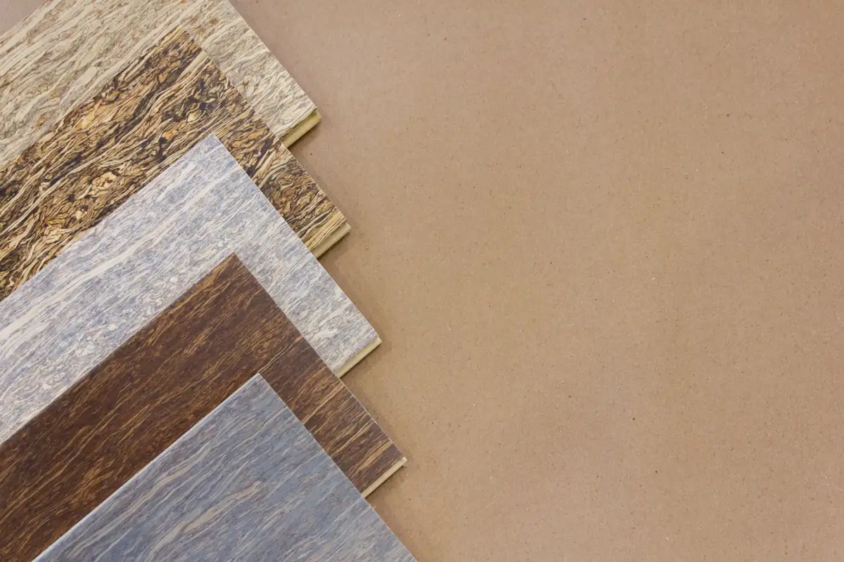 Tablas de HempWood en tonos natural, gris y oscuro dispuestas en abanico