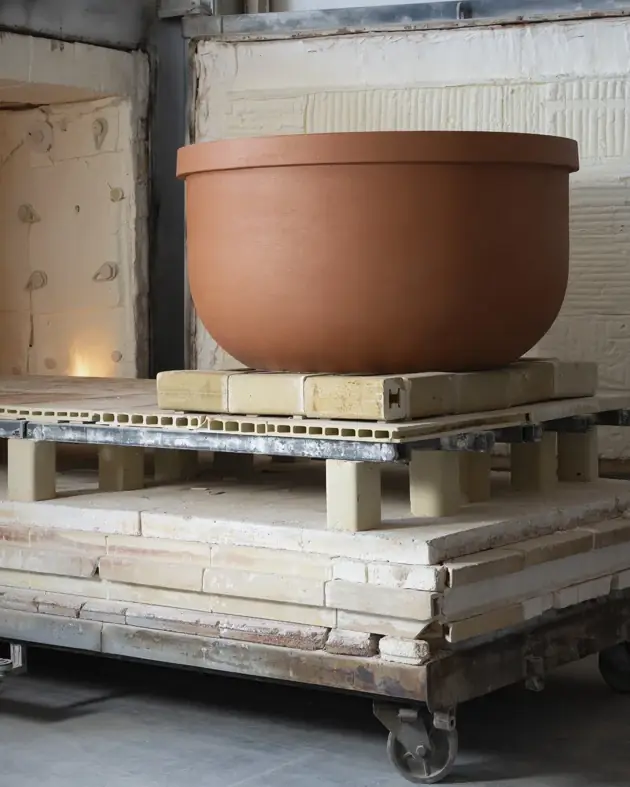 Gran bañera de cerámica terracota sobre la vagoneta de un horno industrial, con placas refractarias