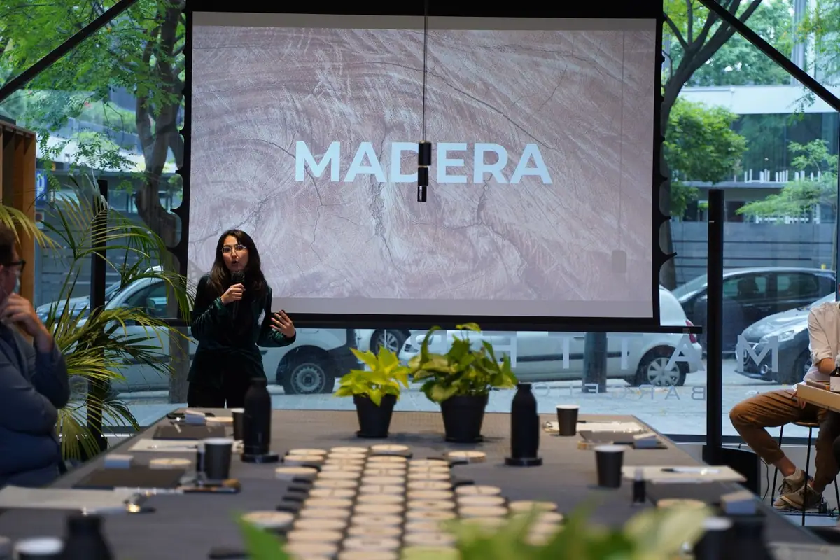 Ponente con micrófono ante una proyección con la palabra «Madera» durante el encuentro Wood Matters