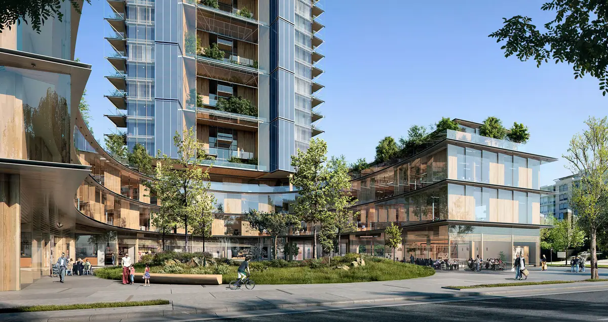 Render de Canada's Earth Tower: una torre de madera y vidrio con terrazas vegetadas sobre un basamento curvo de uso comercial.