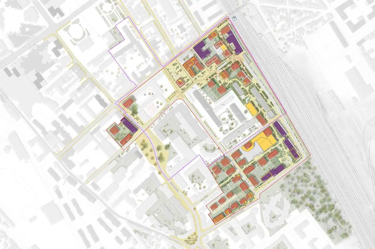 Plano de la Agrocité Gagarine Truillot con los nuevos edificios, los patios cultivados y las vías del tren al este