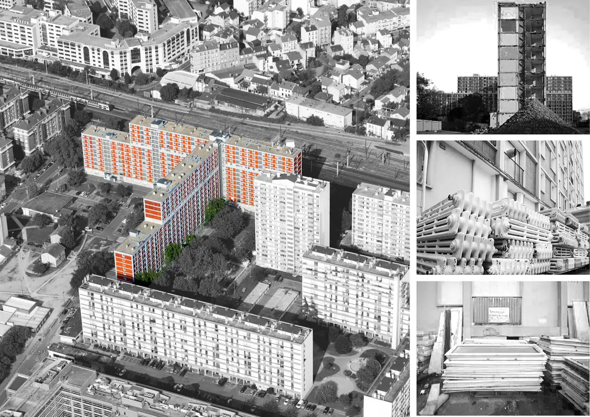 Vista aérea de la Cité Gagarine y fotografías de radiadores y carpinterías apilados durante la deconstrucción